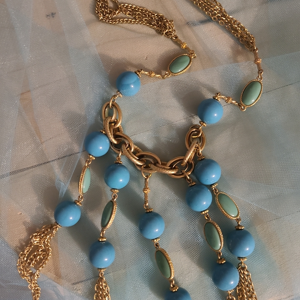 Golden Tassels & Faux Turquoise Statement Necklace - Picture 3 of 4